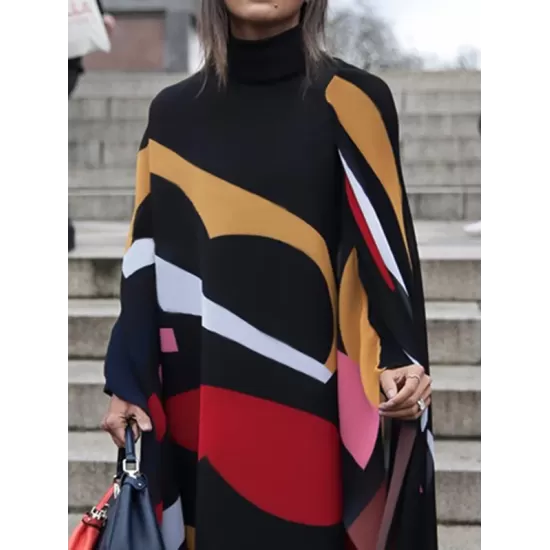 Batwing Sleeves Loose Contrast Color Printed Split-Joint High Neck Maxi Dresses Batwing Sleeves Loose Contrast Color Printed Split-Joint High Neck Maxi Dresses