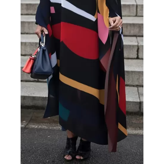 Batwing Sleeves Loose Contrast Color Printed Split-Joint High Neck Maxi Dresses Batwing Sleeves Loose Contrast Color Printed Split-Joint High Neck Maxi Dresses