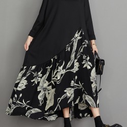 Asymmetric Flower Print Split-Joint A-Line High-Low V-Neck Midi Dresses