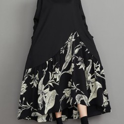 Asymmetric Flower Print Split-Joint A-Line High-Low V-Neck Midi Dresses