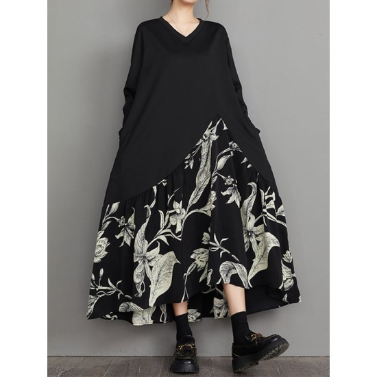 Asymmetric Flower Print Split-Joint A-Line High-Low V-Neck Midi Dresses Asymmetric Flower Print Split-Joint A-Line High-Low V-Neck Midi Dresses