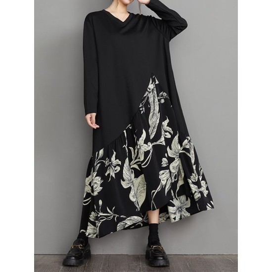 Asymmetric Flower Print Split-Joint A-Line High-Low V-Neck Midi Dresses Asymmetric Flower Print Split-Joint A-Line High-Low V-Neck Midi Dresses