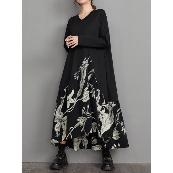 Asymmetric Flower Print Split-Joint A-Line High-Low V-Neck Midi Dresses Asymmetric Flower Print Split-Joint A-Line High-Low V-Neck Midi Dresses