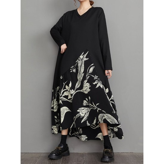 Asymmetric Flower Print Split-Joint A-Line High-Low V-Neck Midi Dresses Asymmetric Flower Print Split-Joint A-Line High-Low V-Neck Midi Dresses