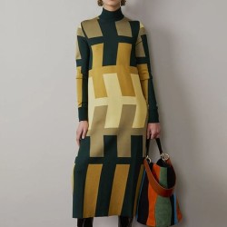 Long Sleeves Printed Mock Neck Maxi Dresses Midi Dresses