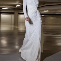 Bowknot Solid Color Bodycon Long Sleeves Round-Neck Maxi Dresses