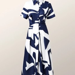 Short Sleeves Printed Lapel Maxi Dresses