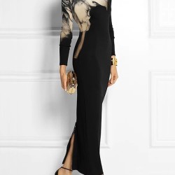 Bodycon Long Sleeves Floral Printed Boat Neck Maxi Dresses