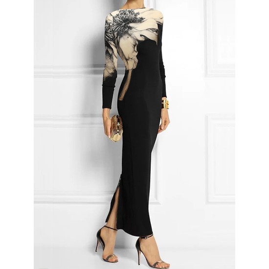 Bodycon Long Sleeves Floral Printed Boat Neck Maxi Dresses Bodycon Long Sleeves Floral Printed Boat Neck Maxi Dresses