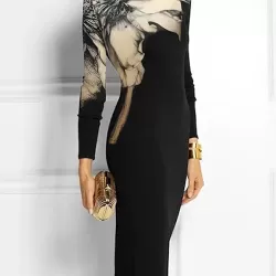 Bodycon Long Sleeves Floral Printed Boat Neck Maxi Dresses