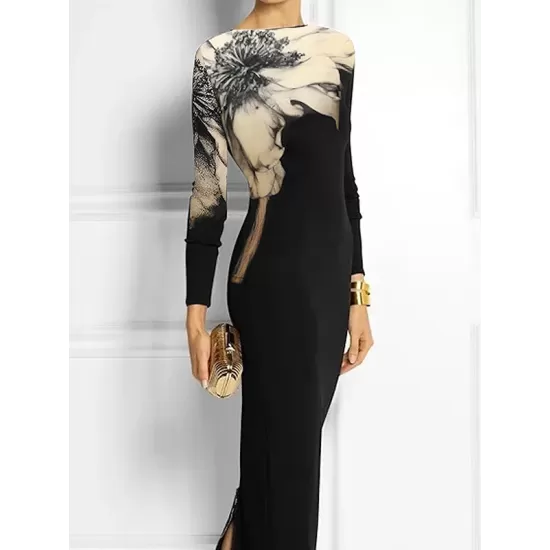 Bodycon Long Sleeves Floral Printed Boat Neck Maxi Dresses Bodycon Long Sleeves Floral Printed Boat Neck Maxi Dresses