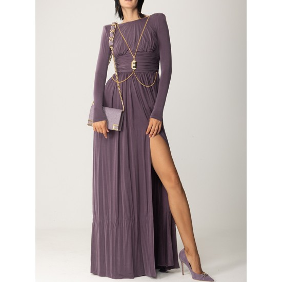 Long Sleeves Backless No Body Chain Pleated Solid Color Tied Waist Maxi Dresses Long Sleeves Backless No Body Chain Pleated Solid Color Tied Waist Maxi Dresses