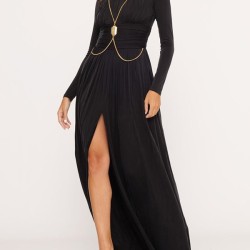 Long Sleeves Backless No Body Chain Pleated Solid Color Tied Waist Maxi Dresses