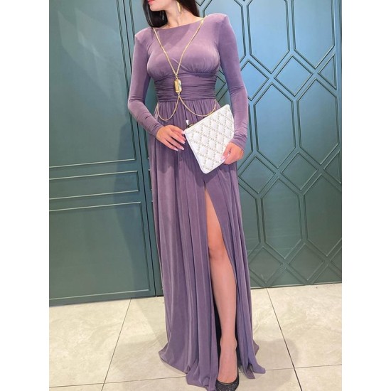 Long Sleeves Backless No Body Chain Pleated Solid Color Tied Waist Maxi Dresses Long Sleeves Backless No Body Chain Pleated Solid Color Tied Waist Maxi Dresses
