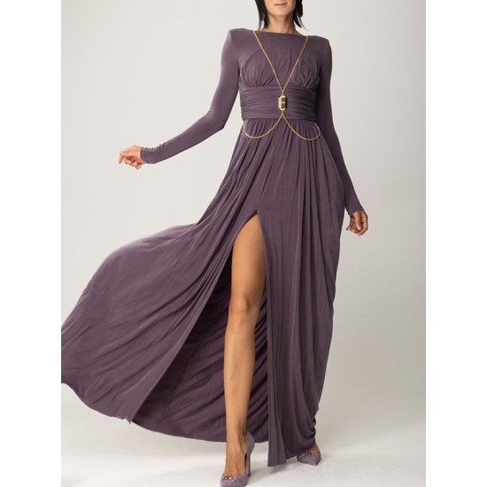 Long Sleeves Backless No Body Chain Pleated Solid Color Tied Waist Maxi Dresses Long Sleeves Backless No Body Chain Pleated Solid Color Tied Waist Maxi Dresses