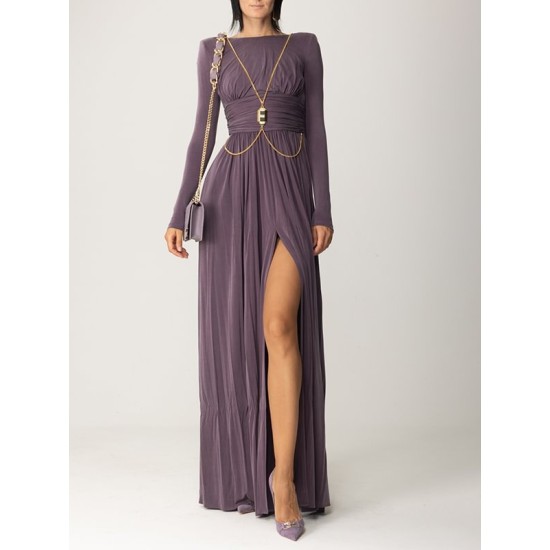 Long Sleeves Backless No Body Chain Pleated Solid Color Tied Waist Maxi Dresses Long Sleeves Backless No Body Chain Pleated Solid Color Tied Waist Maxi Dresses