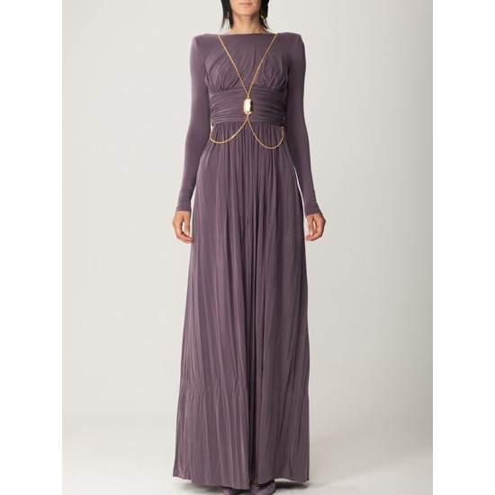 Long Sleeves Backless No Body Chain Pleated Solid Color Tied Waist Maxi Dresses Long Sleeves Backless No Body Chain Pleated Solid Color Tied Waist Maxi Dresses