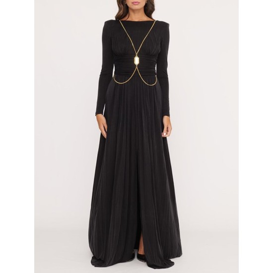 Long Sleeves Backless No Body Chain Pleated Solid Color Tied Waist Maxi Dresses Long Sleeves Backless No Body Chain Pleated Solid Color Tied Waist Maxi Dresses