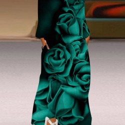 Floral Printed Gradient Long Sleeves Loose V-Neck Maxi Dresses