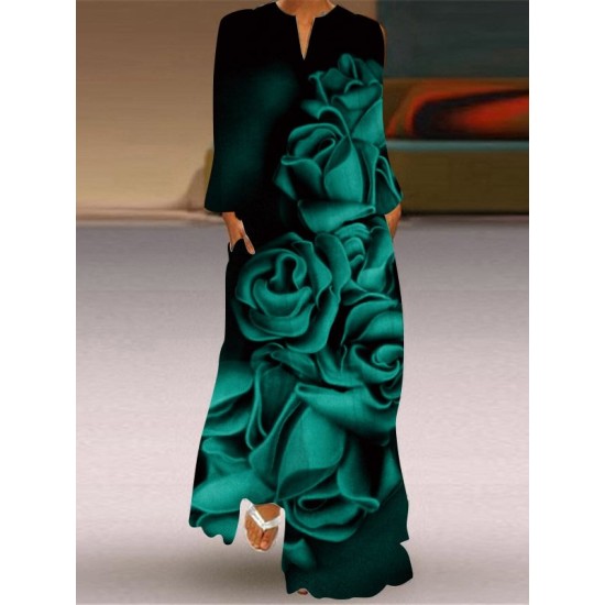 Floral Printed Gradient Long Sleeves Loose V-Neck Maxi Dresses Floral Printed Gradient Long Sleeves Loose V-Neck Maxi Dresses