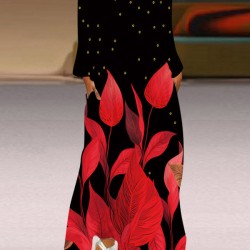 Contrast Color Printed Split-Joint Long Sleeves Loose V-Neck Maxi Dresses