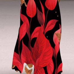 Contrast Color Printed Split-Joint Long Sleeves Loose V-Neck Maxi Dresses