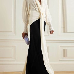 Contrast Color Long Sleeves Loose V-neck Maxi Dresses Evening Dresses