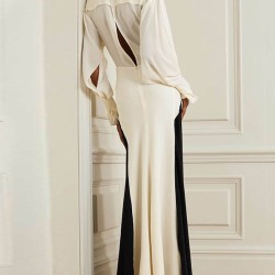 Contrast Color Long Sleeves Loose V-neck Maxi Dresses Evening Dresses