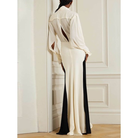 Contrast Color Long Sleeves Loose V-neck Maxi Dresses Evening Dresses Contrast Color Long Sleeves Loose V-neck Maxi Dresses Evening Dresses