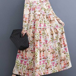Pleated Printed Split-Joint Long Sleeves Loose Stand Collar Shirt Dress Midi Dresses