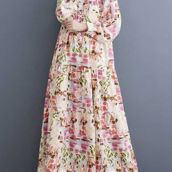 Pleated Printed Split-Joint Long Sleeves Loose Stand Collar Shirt Dress Midi Dresses
