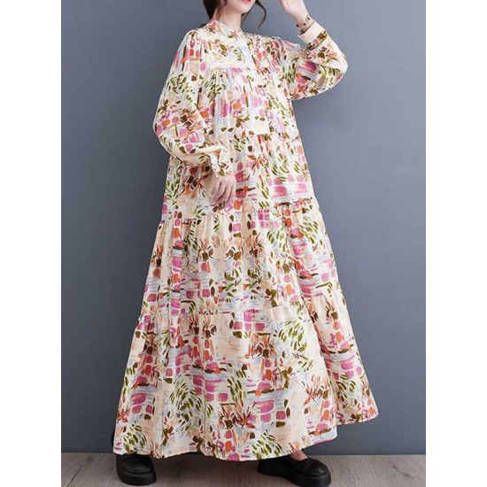 Pleated Printed Split-Joint Long Sleeves Loose Stand Collar Shirt Dress Midi Dresses Pleated Printed Split-Joint Long Sleeves Loose Stand Collar Shirt Dress Midi Dresses