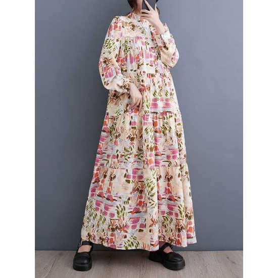 Pleated Printed Split-Joint Long Sleeves Loose Stand Collar Shirt Dress Midi Dresses Pleated Printed Split-Joint Long Sleeves Loose Stand Collar Shirt Dress Midi Dresses