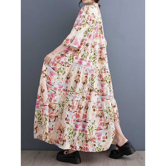Pleated Printed Split-Joint Long Sleeves Loose Stand Collar Shirt Dress Midi Dresses Pleated Printed Split-Joint Long Sleeves Loose Stand Collar Shirt Dress Midi Dresses