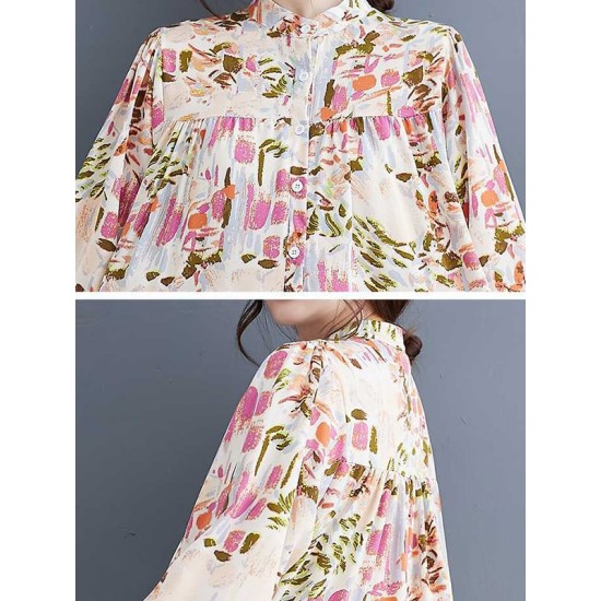 Pleated Printed Split-Joint Long Sleeves Loose Stand Collar Shirt Dress Midi Dresses Pleated Printed Split-Joint Long Sleeves Loose Stand Collar Shirt Dress Midi Dresses