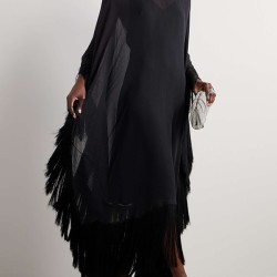 Batwing Sleeves Loose See-Through Solid Color Tasseled Mock Neck Maxi Dresses
