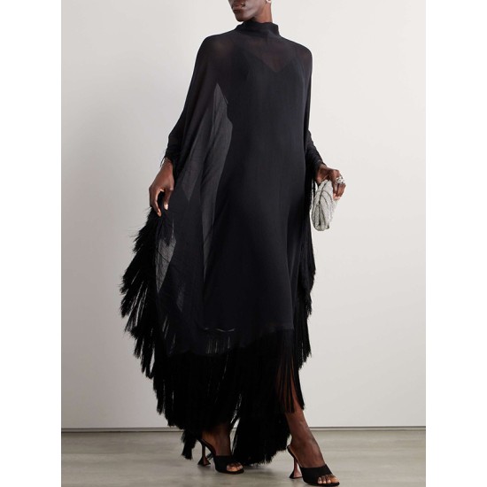 Batwing Sleeves Loose See-Through Solid Color Tasseled Mock Neck Maxi Dresses Batwing Sleeves Loose See-Through Solid Color Tasseled Mock Neck Maxi Dresses