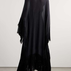 Batwing Sleeves Loose See-Through Solid Color Tasseled Mock Neck Maxi Dresses