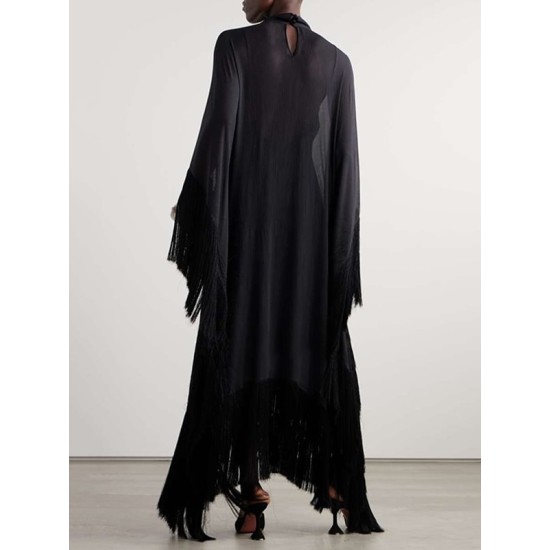 Batwing Sleeves Loose See-Through Solid Color Tasseled Mock Neck Maxi Dresses Batwing Sleeves Loose See-Through Solid Color Tasseled Mock Neck Maxi Dresses