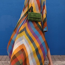 Long Sleeves Loose Contrast Color Split-Side V-Neck Maxi Dresses