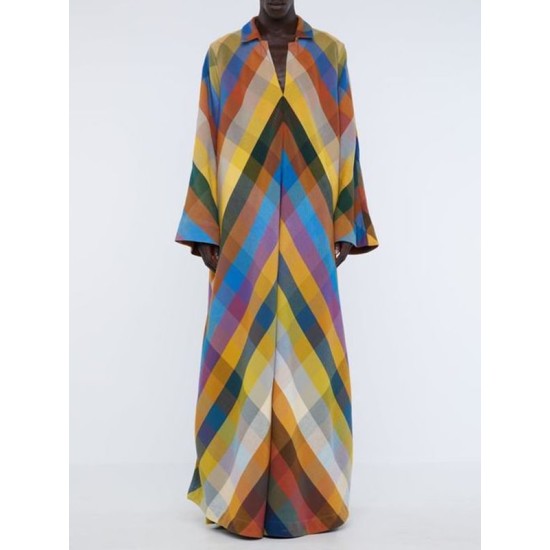 Long Sleeves Loose Contrast Color Split-Side V-Neck Maxi Dresses Long Sleeves Loose Contrast Color Split-Side V-Neck Maxi Dresses