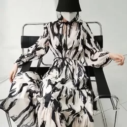 Elasticity Hollow Printed Split-Joint Tied Long Sleeves Loose Mock Neck Midi Dresses