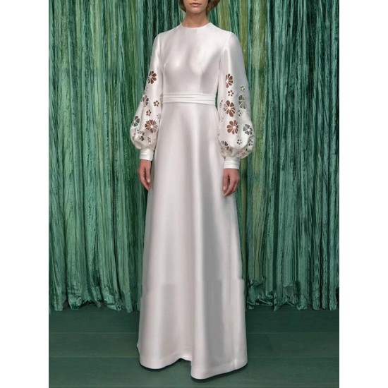 Hollow Solid Color A-Line Long Sleeves Round-Neck Maxi Dresses Hollow Solid Color A-Line Long Sleeves Round-Neck Maxi Dresses