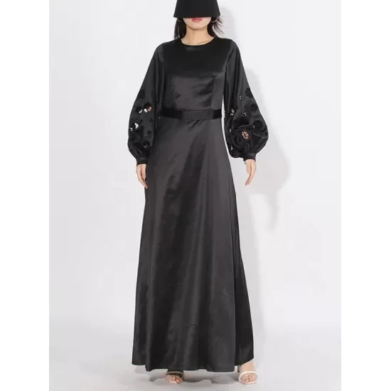 Hollow Solid Color A-Line Long Sleeves Round-Neck Maxi Dresses Hollow Solid Color A-Line Long Sleeves Round-Neck Maxi Dresses