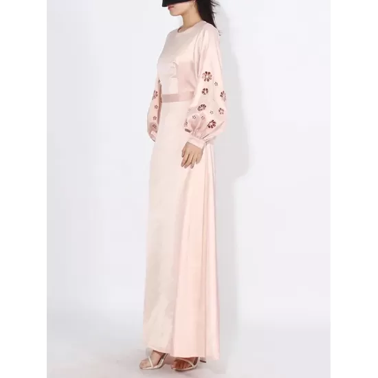 Hollow Solid Color A-Line Long Sleeves Round-Neck Maxi Dresses Hollow Solid Color A-Line Long Sleeves Round-Neck Maxi Dresses