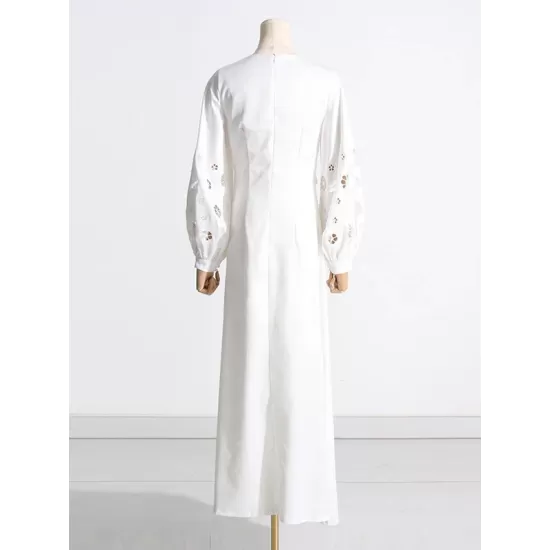 Hollow Solid Color A-Line Long Sleeves Round-Neck Maxi Dresses Hollow Solid Color A-Line Long Sleeves Round-Neck Maxi Dresses