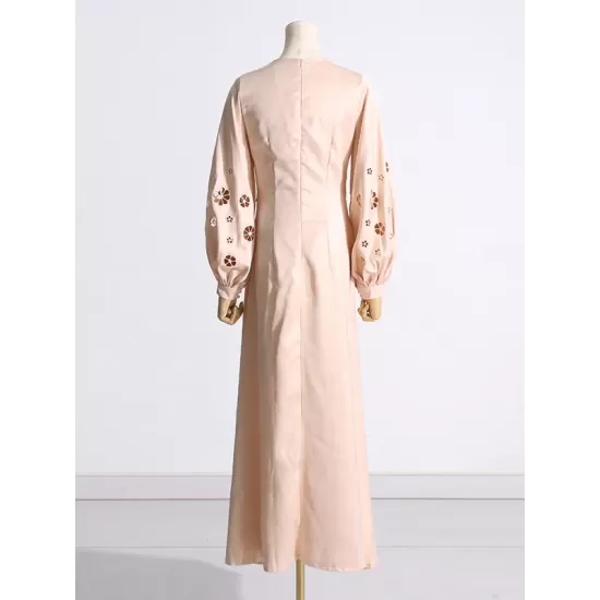 Hollow Solid Color A-Line Long Sleeves Round-Neck Maxi Dresses Hollow Solid Color A-Line Long Sleeves Round-Neck Maxi Dresses