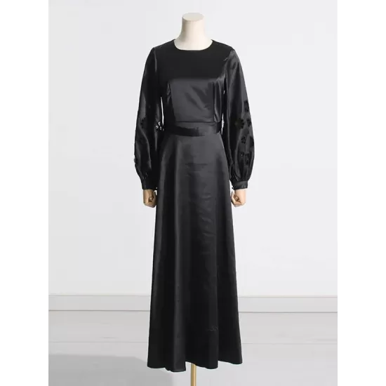 Hollow Solid Color A-Line Long Sleeves Round-Neck Maxi Dresses Hollow Solid Color A-Line Long Sleeves Round-Neck Maxi Dresses