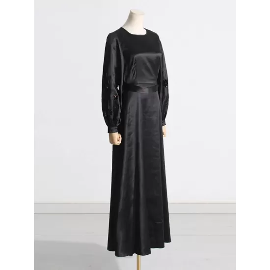 Hollow Solid Color A-Line Long Sleeves Round-Neck Maxi Dresses Hollow Solid Color A-Line Long Sleeves Round-Neck Maxi Dresses