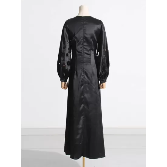 Hollow Solid Color A-Line Long Sleeves Round-Neck Maxi Dresses Hollow Solid Color A-Line Long Sleeves Round-Neck Maxi Dresses